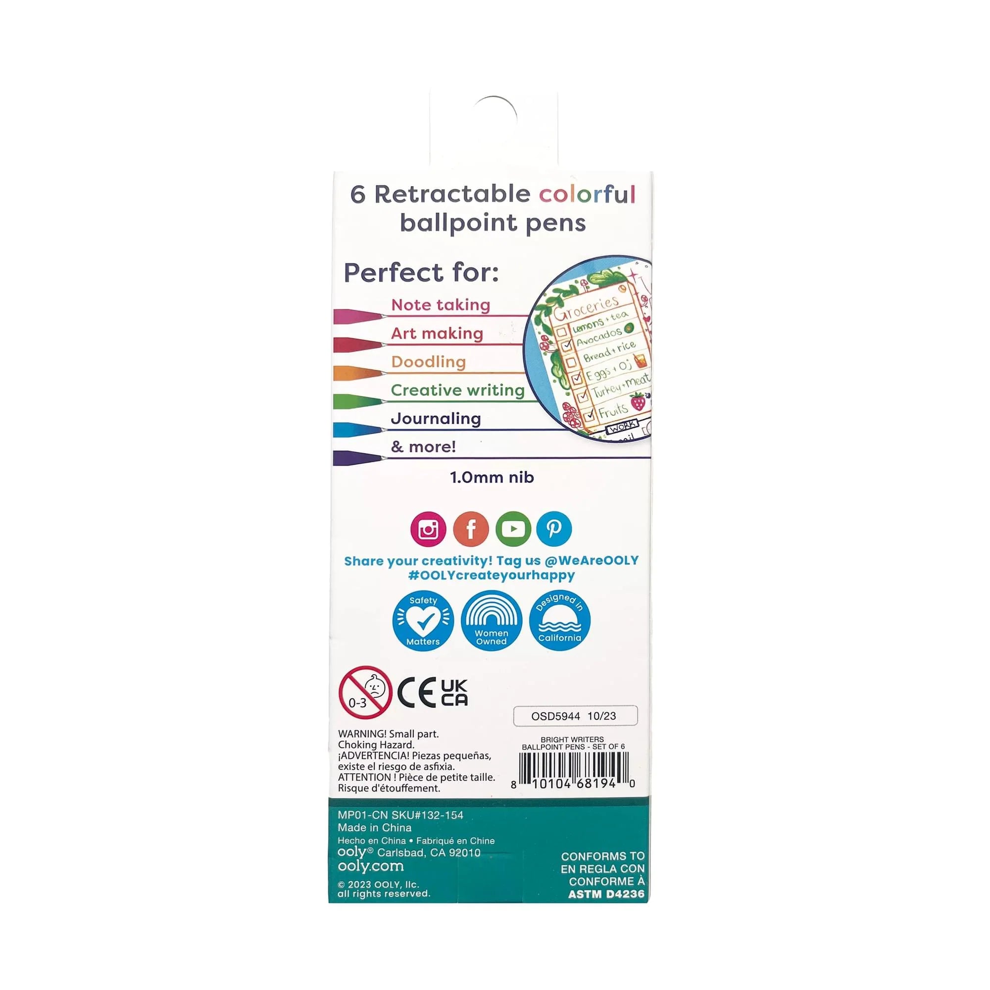 OOLY Bright Writers 6 Colored Ink Retractable Ball Point Pens