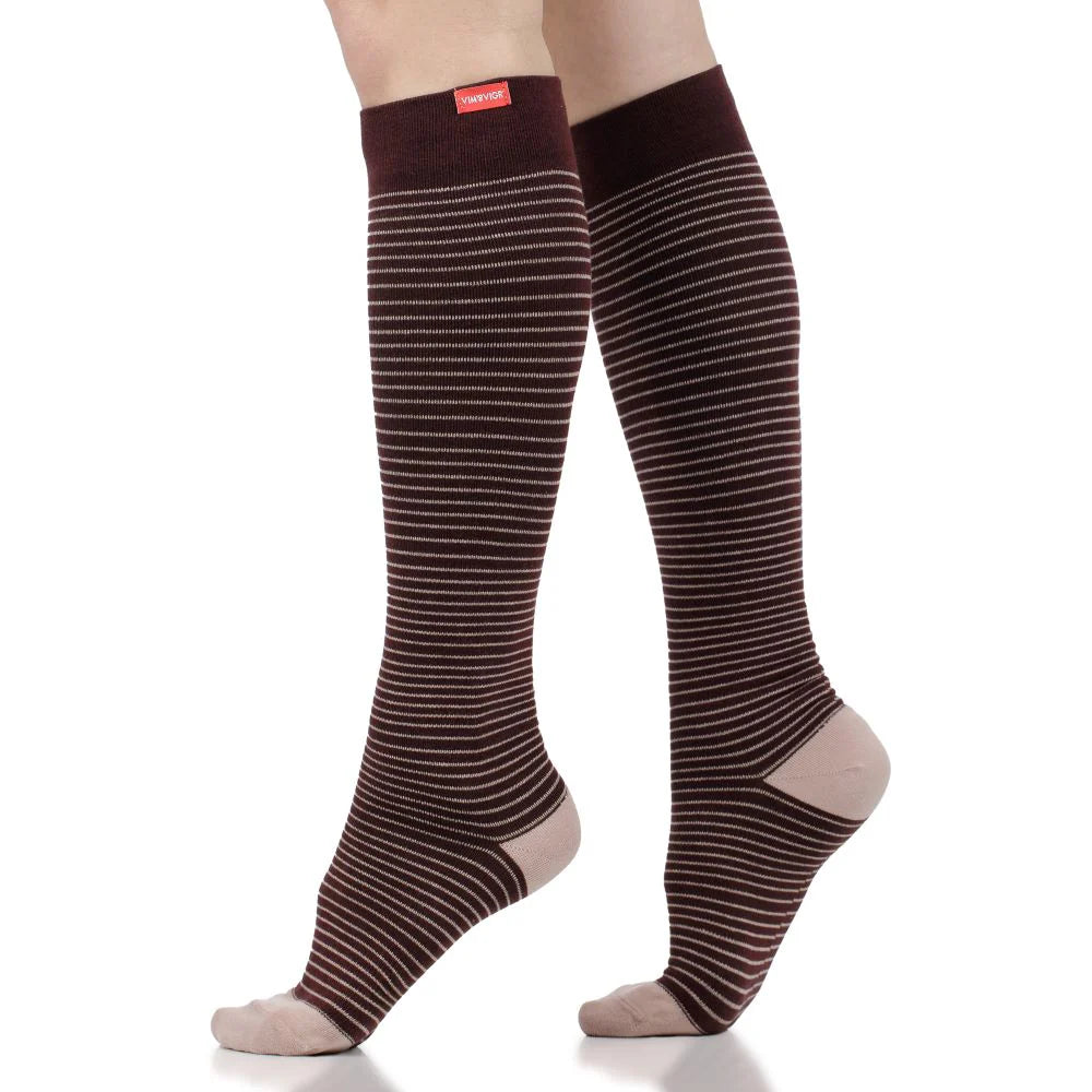VIM & VIGR Plum and Mauve Pinstripe Merino Wool Compression Socks - 15-20 mmHg