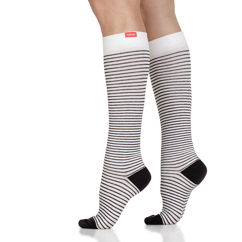 VIM & VIGR Cream and Black Pinstripe Cotton Compression Socks - 15-20 mmHg