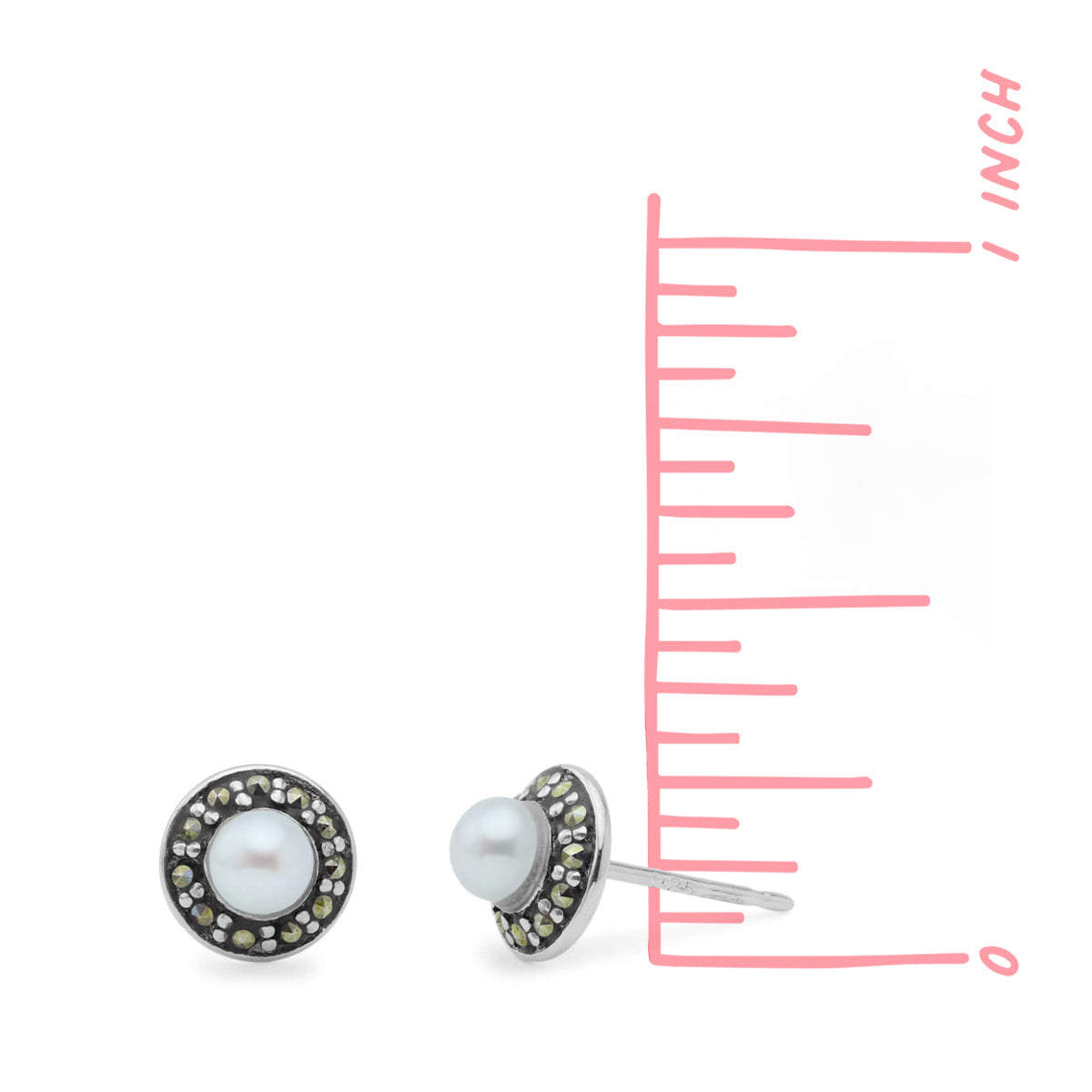 Boma Sterling Silver Post Earrings - Marcasite and Grey Pearl Circle    
