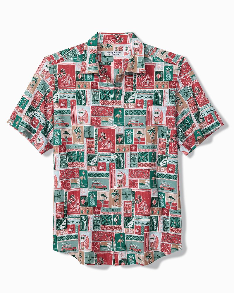 Tommy Bahama Bahama Coast Gift Wrap IslandZone® Short Sleeve Camp Shirt Havana M 023763569331