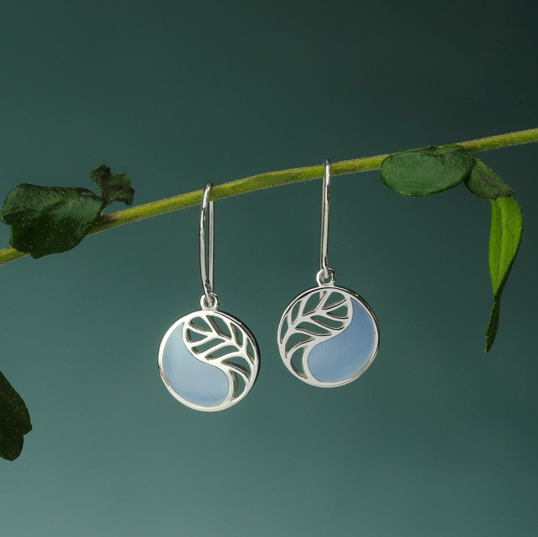 Boma Yin Yang Leaf with Blue Mother of Pearl Earrings