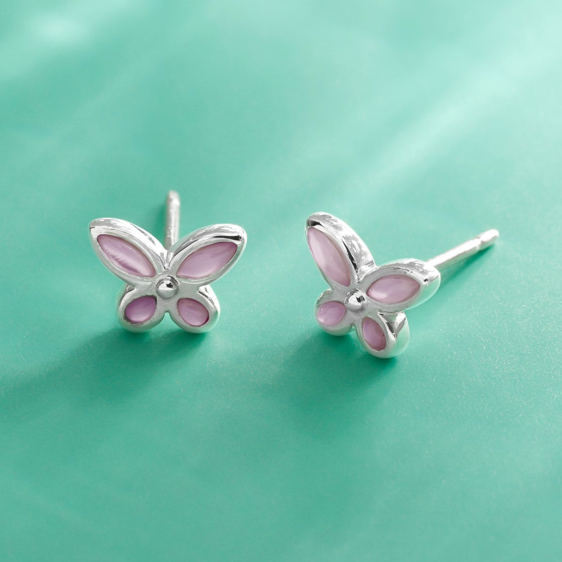 Boma Sterling Silver Dainty Pink Shell Butterfly Stud Earrings