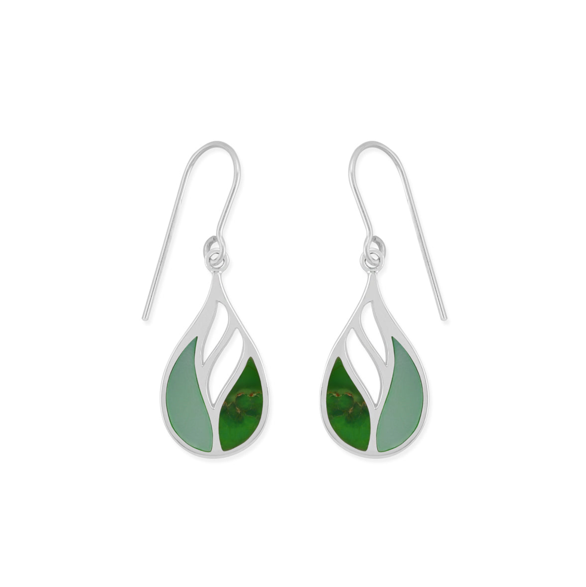 Boma Sterling Silver Lotus Dangle Earrings - Green Mother of Pearl and Green Turquoise