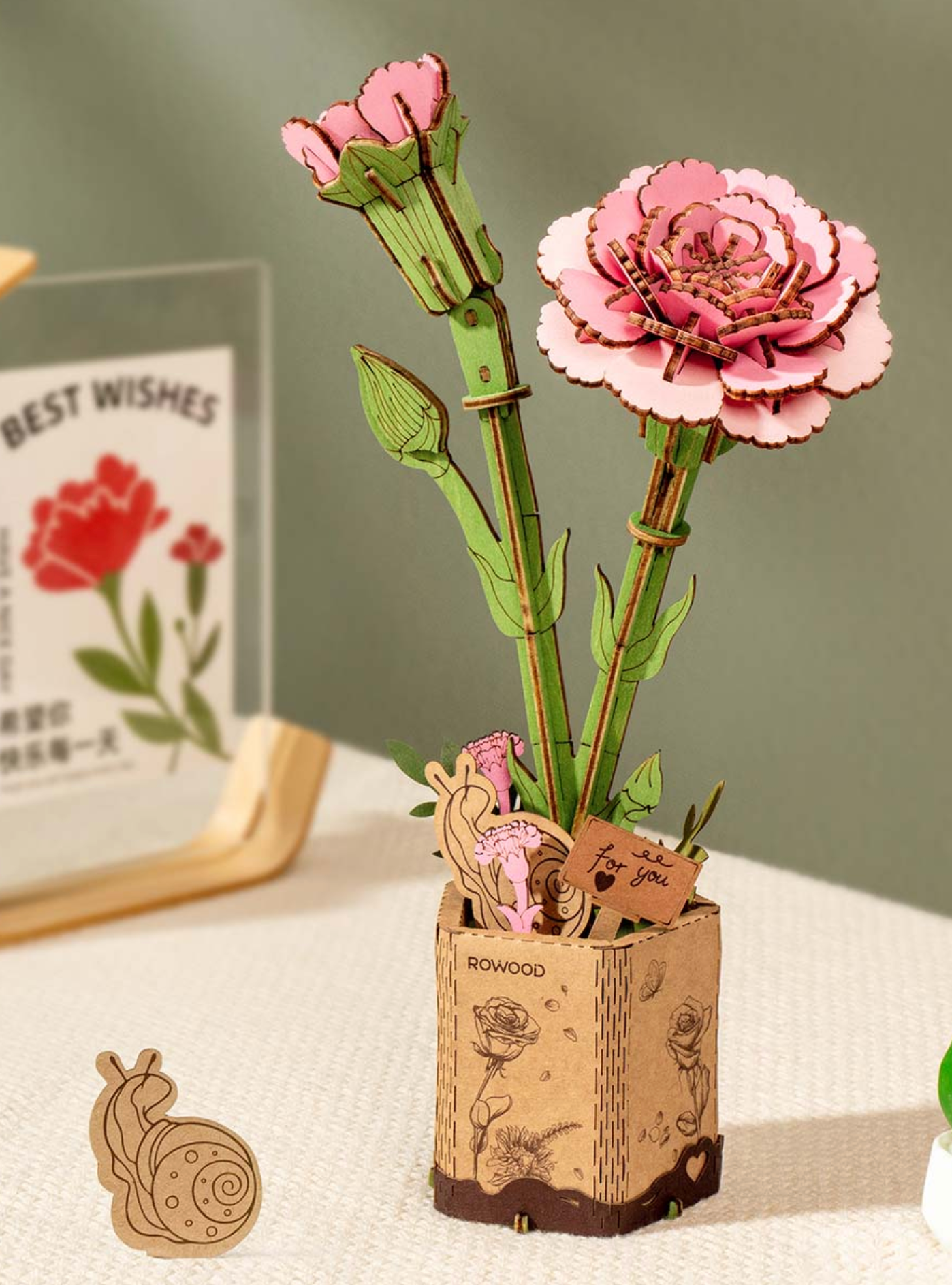 ROBOTIME DIY Wooden Flower - Pink Carnation
