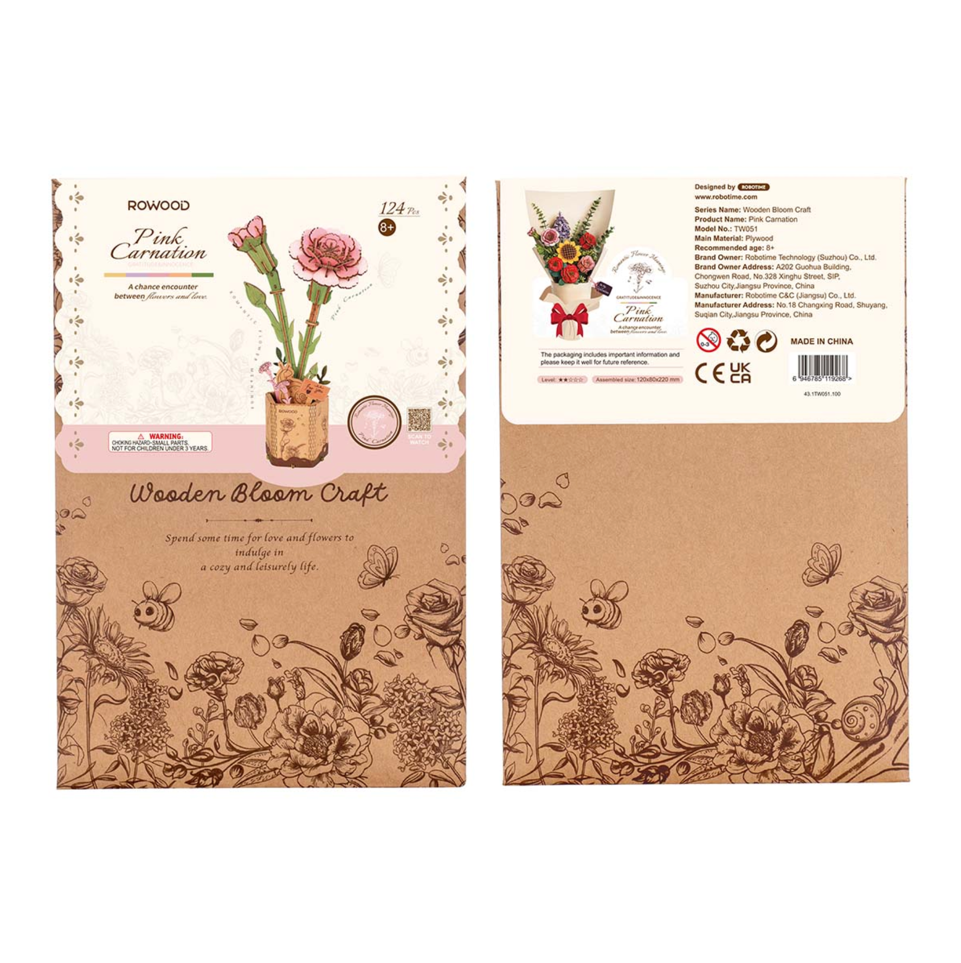 ROBOTIME DIY Wooden Flower - Pink Carnation