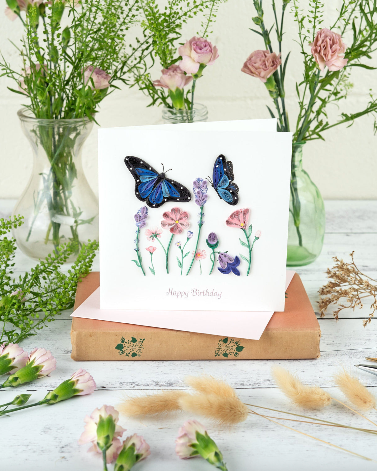 Flowers & Blue Butterflies Birthday Quilling Card
