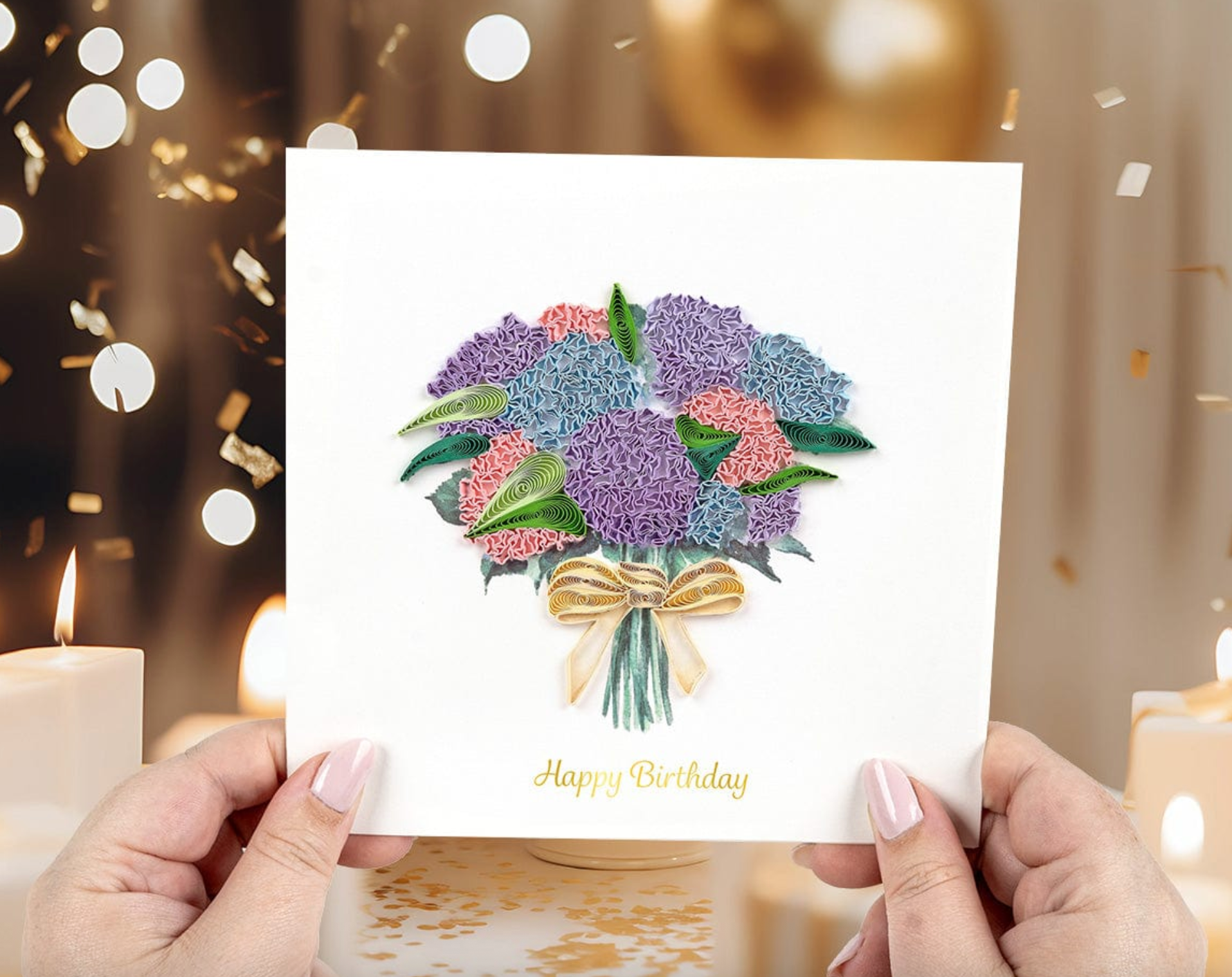 Hydrangea Bouquet Happy Birthday Quilling Card