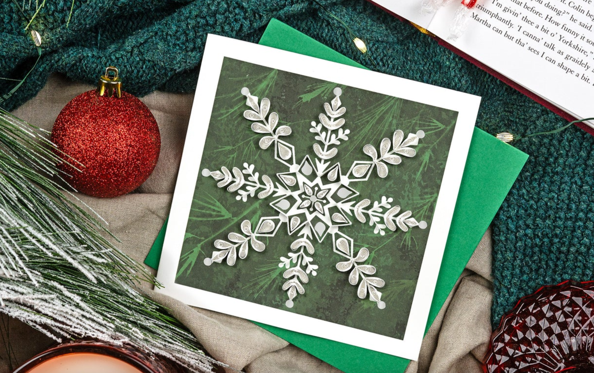 White Snowflake on Pine Blank Quilling Card