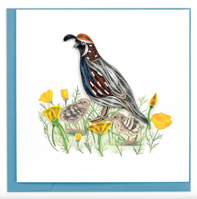 Quail with Chicks & Poppies Quilling Card