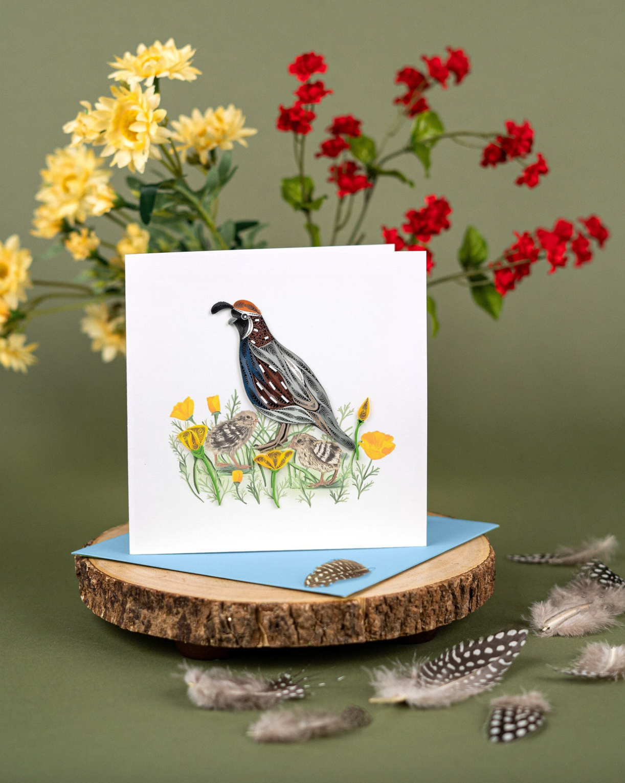 Quail with Chicks & Poppies Quilling Card