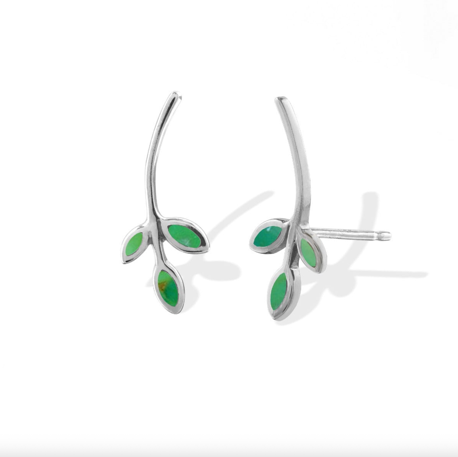 Boma Sterling Silver Post Earrings - Long Leaf with Green Turquoise