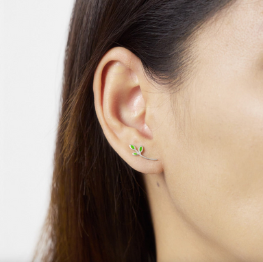 Boma Sterling Silver Post Earrings - Long Leaf with Green Turquoise