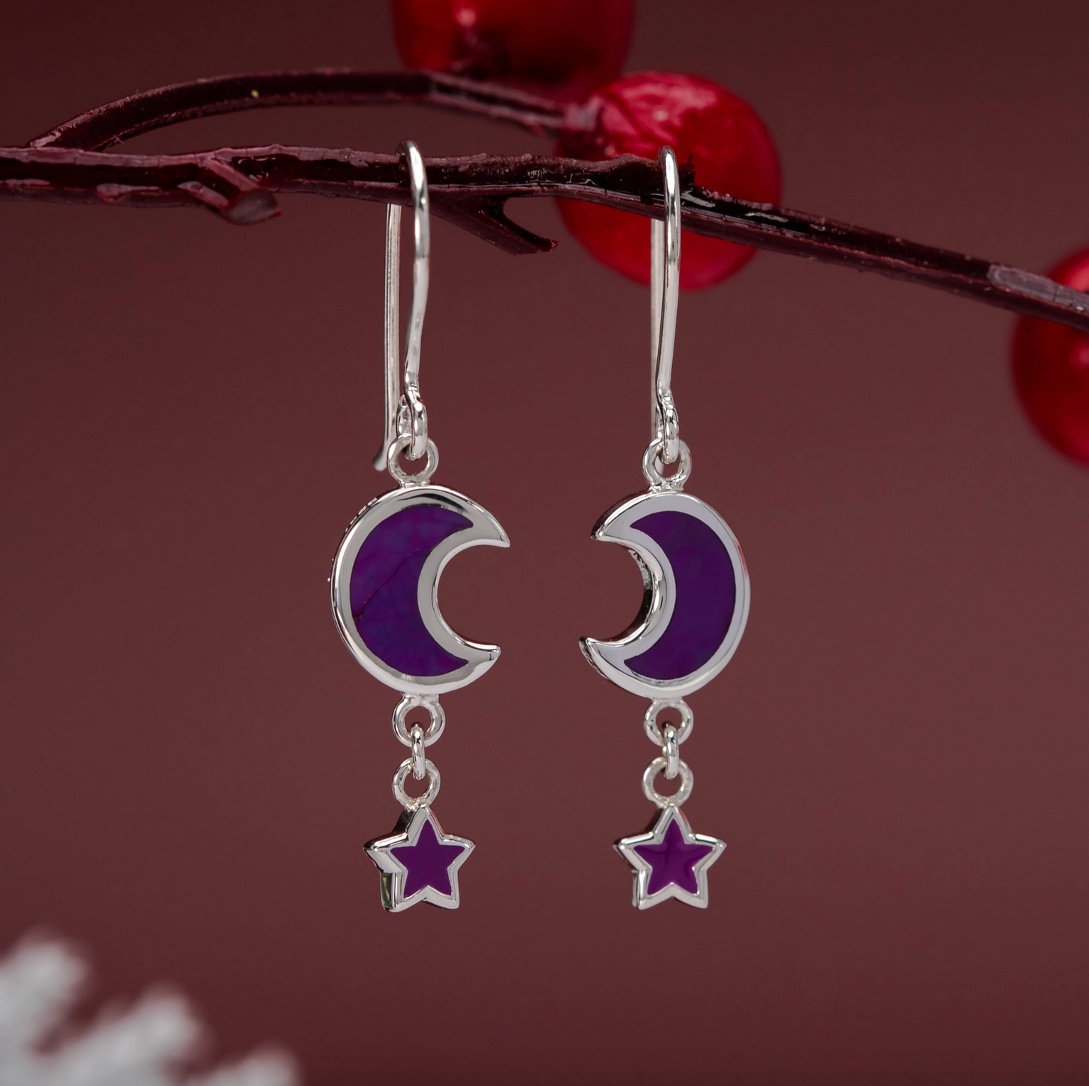 Boma Starlit Crescent Dangle Earrings with Purple Stone