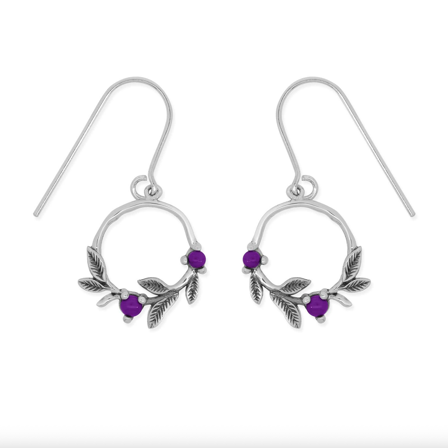 Boma Leaf Dangle Earrings with Purple Stone