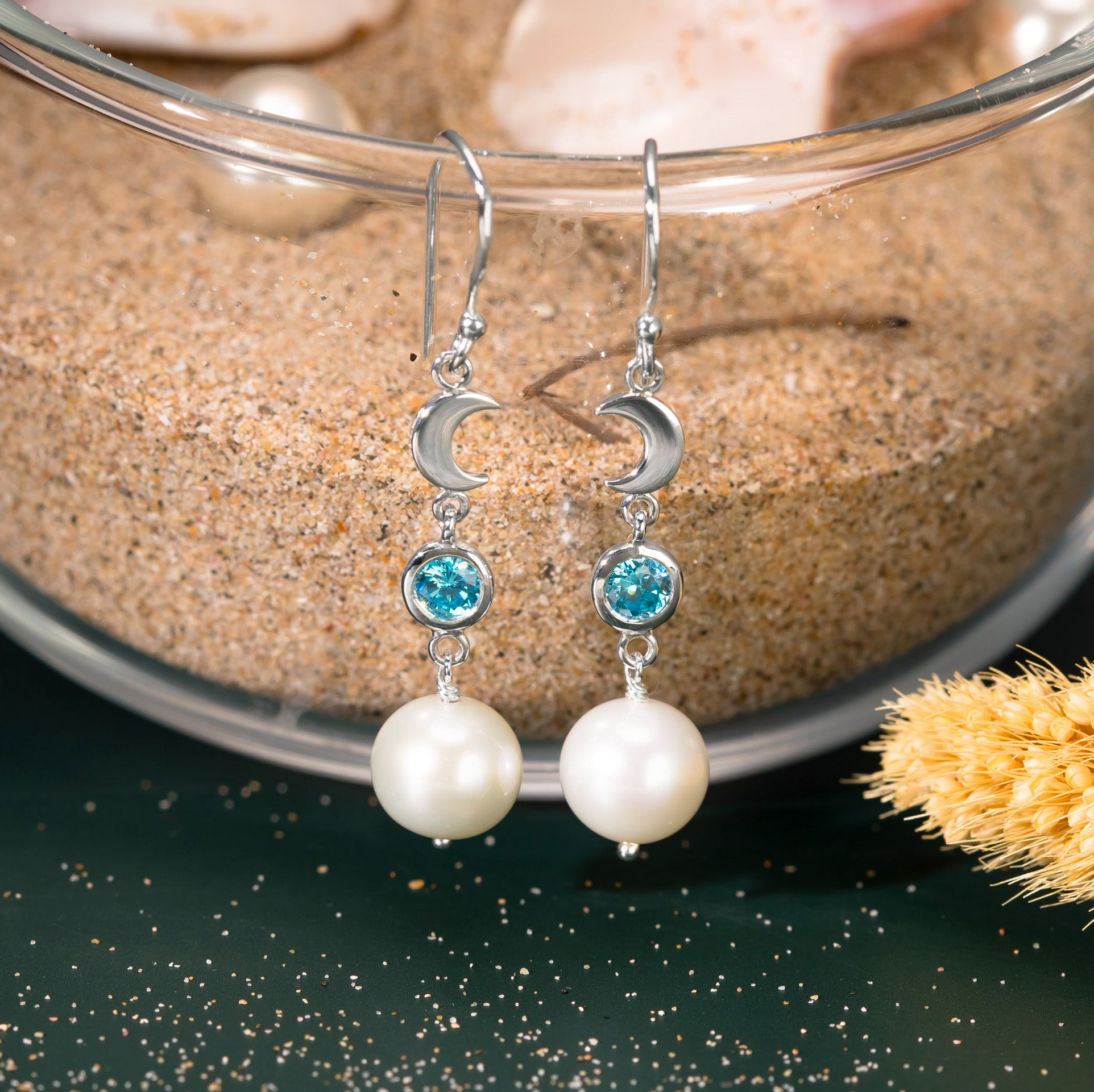 Boma Luna Pearl Drop Earrings with Blue Topaz Cubic Zirconia