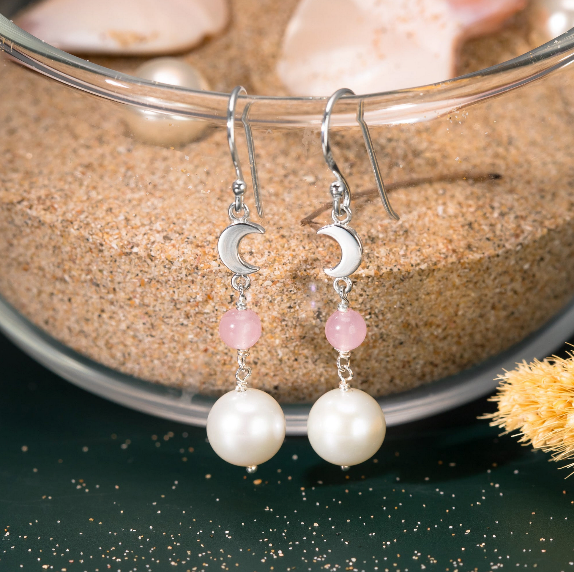 Boma Luna Pearl Drop Earrings with Rose Quartz