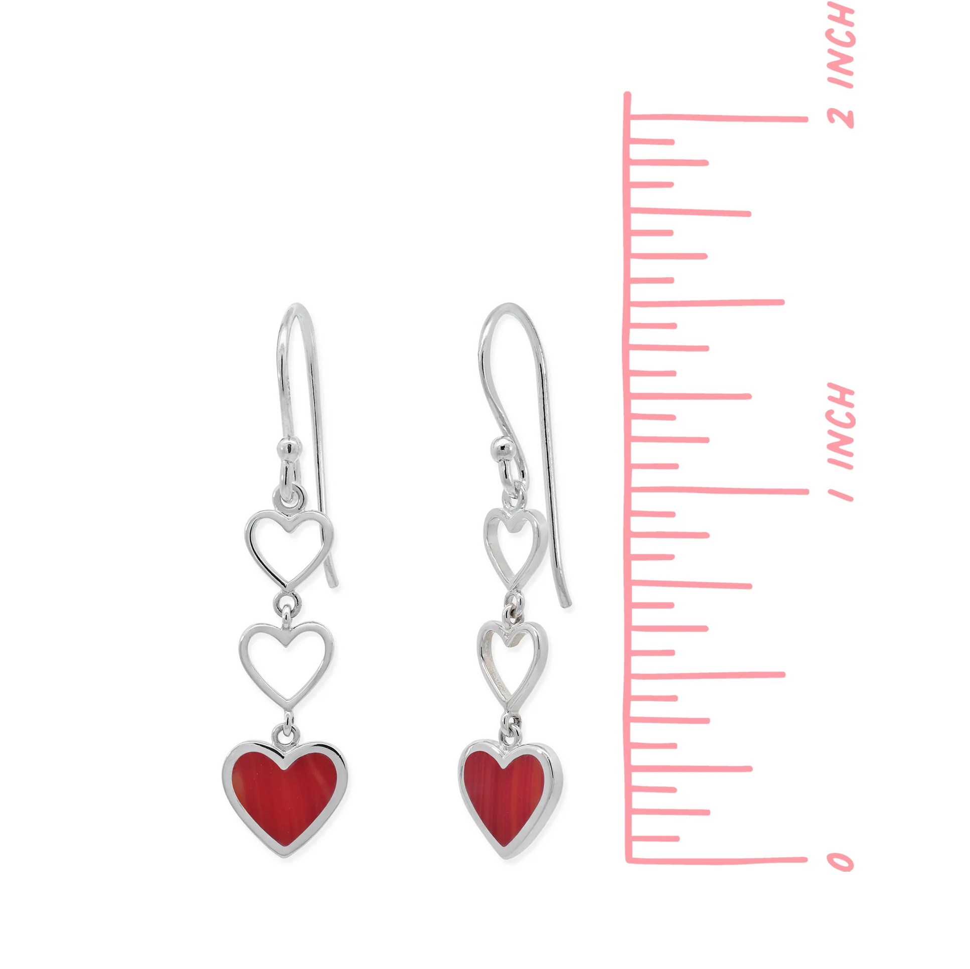 Boma Triple Heart Dangle Earrings - Red Coral