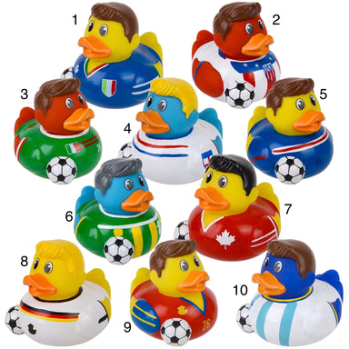 Rubber duckies in various sports-themed outfits on a white background. Each duck is numbered for reference (1 through 10) for jersey selection.