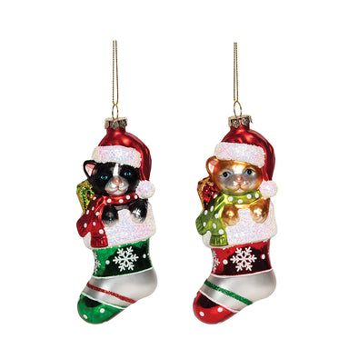 Cat in Stocking Glass Ornament - (Single) Various Styles