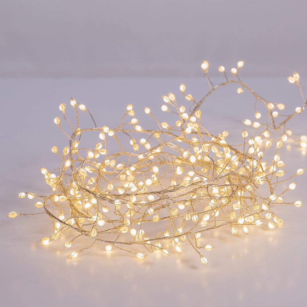 Warm White Superbright Twinkle LED Silver Wire Cluster Garland