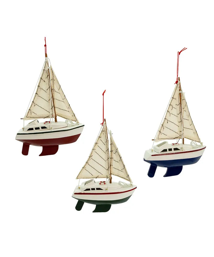 Wood Yacht With Sail Ornament - Single, Various Colors