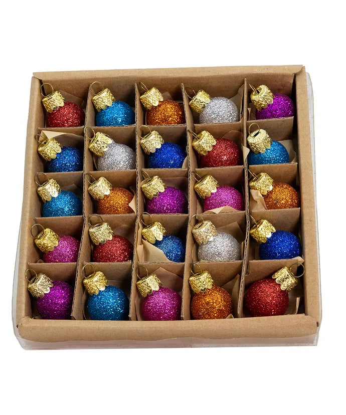 Miniature 20mm Glass Multi Color Glitter Ornaments - Box of 25