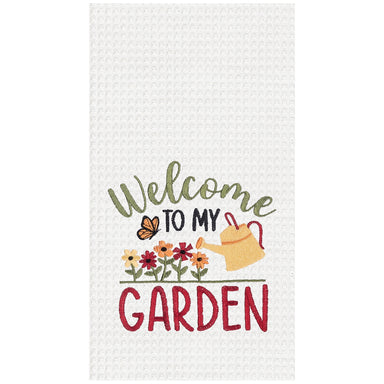 Welcome To My Garden Embroidered Waffle Weave Kitchen Towel    