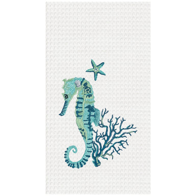 Seahorse and Coral Embroidered Waffle Weave Kitchen Towel    