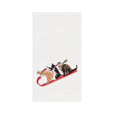 Cats On A Sled Waffle Weave Kitchen Towel    