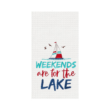 Weekends Are For The Lake Embroidered Waffle Weave Kitchen Towel    