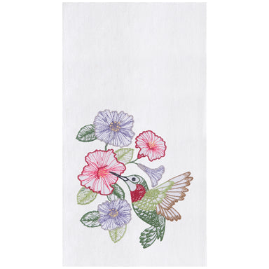Hummingbird and Blooms Embroidered Flour Sack Kitchen Towel    