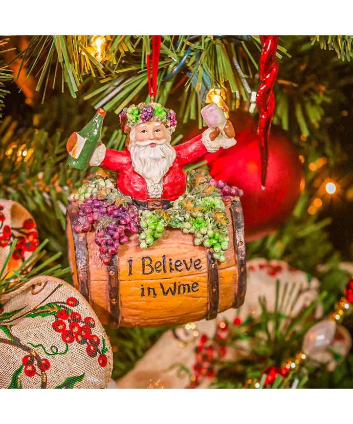 I Believe in Wine Santa on Wine Barrel Ornament