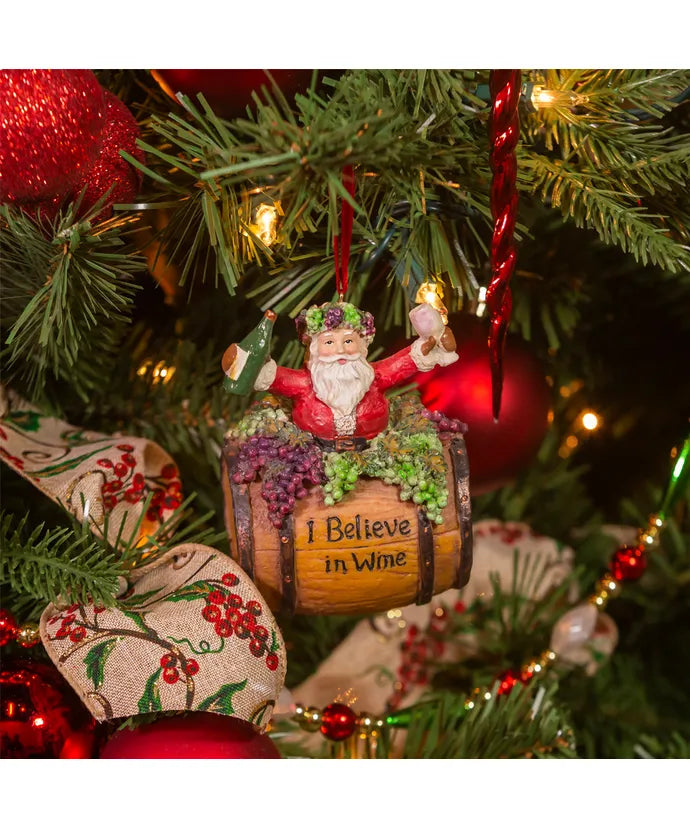 I Believe in Wine Santa on Wine Barrel Ornament