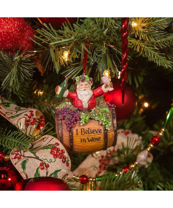 I Believe in Wine Santa on Wine Barrel Ornament