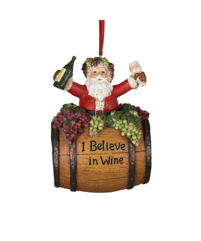I Believe in Wine Santa on Wine Barrel Ornament