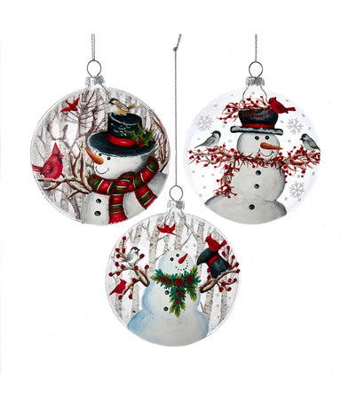 Glass Disk with Snowman and Bird Ornament - Single, Various Styles
