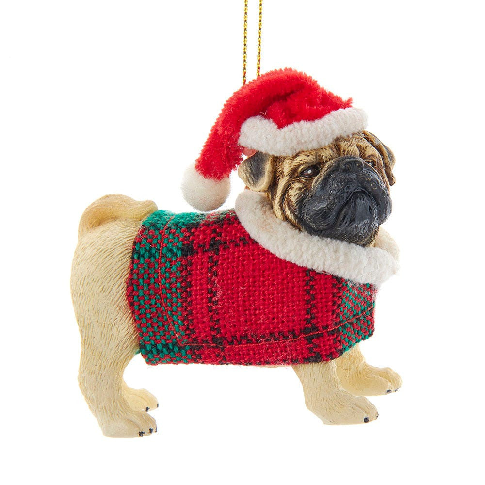 Tan Pug With Plaid Coat and Santa Hat Ornament