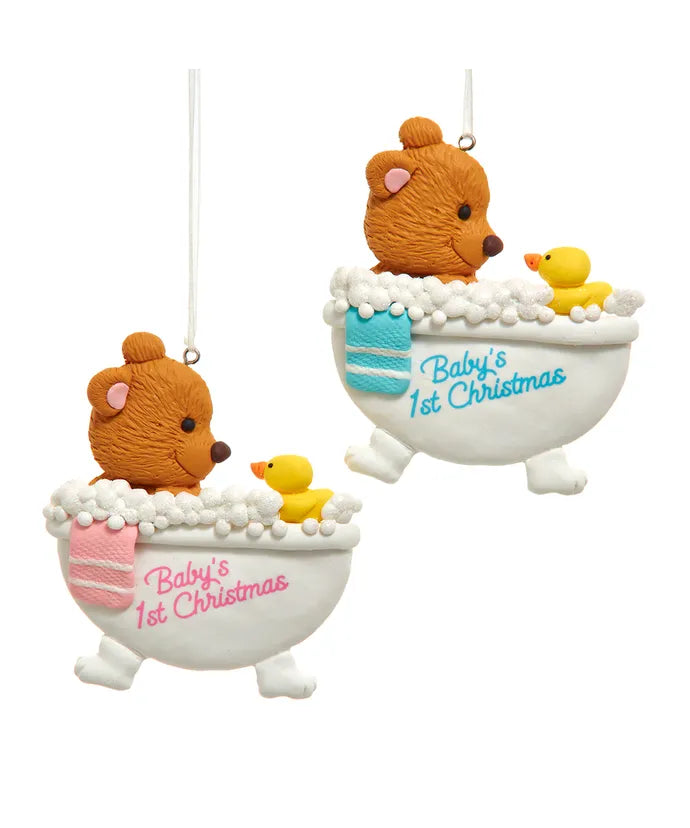 Baby's First Christmas Bear in Tub Ornament - (Single) Various Options