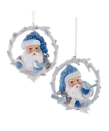 Santa In White Twig Wreath Ornament With 1 or 2 Birds - Single, Various Styles