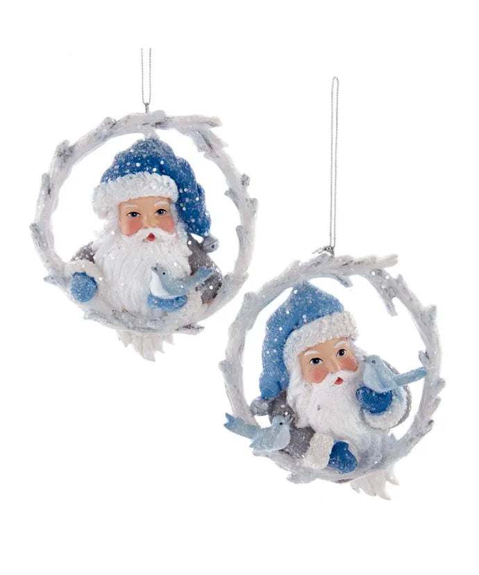 Santa In White Twig Wreath Ornament With 1 or 2 Birds - Single, Various Styles