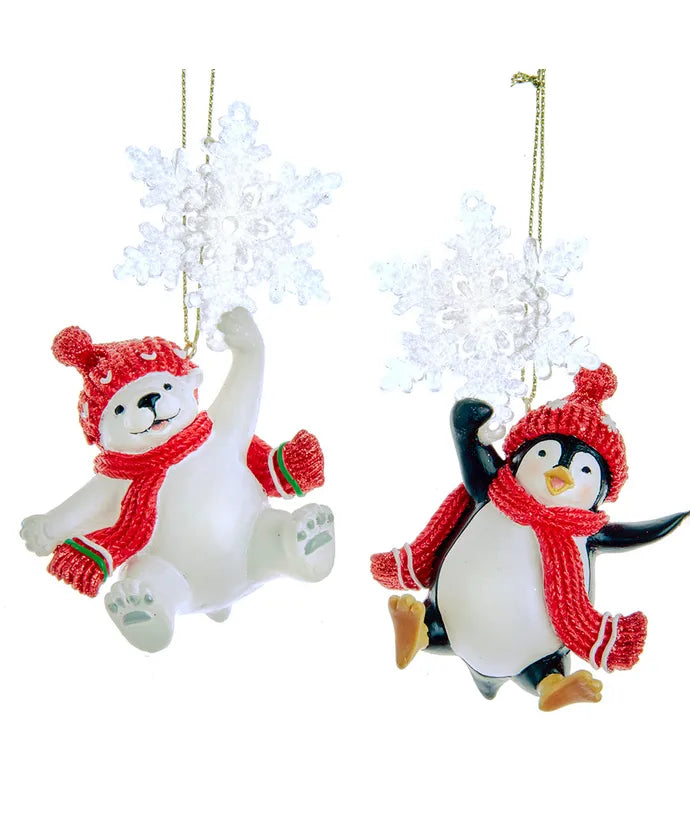 Arctic Polar Bear or Penguin with Snowflake Ornament - Single, Various Styles
