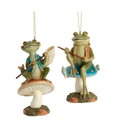 Fishing Frog on Mushroom Ornament - Single, Various Styles