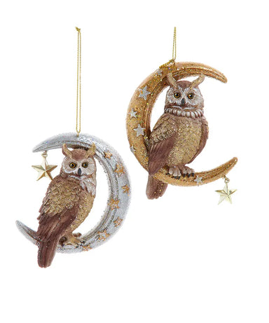 Owl On Gold or Silver Moon Ornament - (Single) Various Options