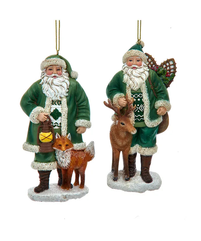 Winter Green Santa With Deer or Fox Ornament - (Single) Various Options