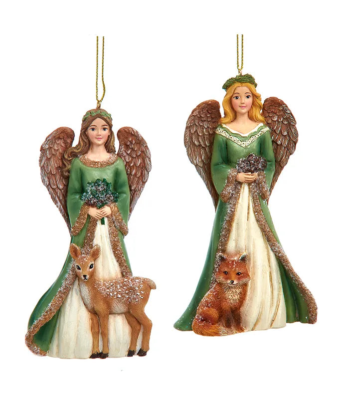 Winter Green Angel With Deer or Fox Ornament - (Single) Various Options
