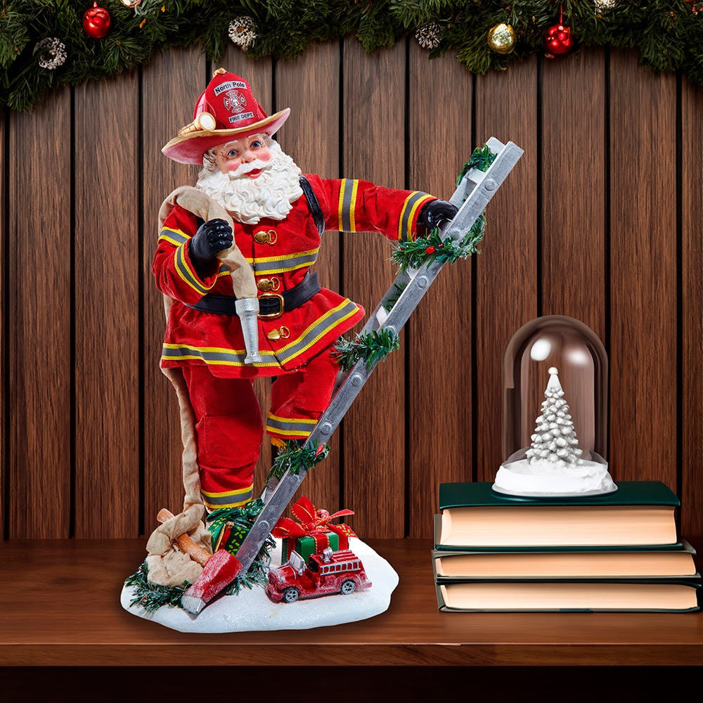Fabriché 11.5" Fireman Santa On Ladder Figurine