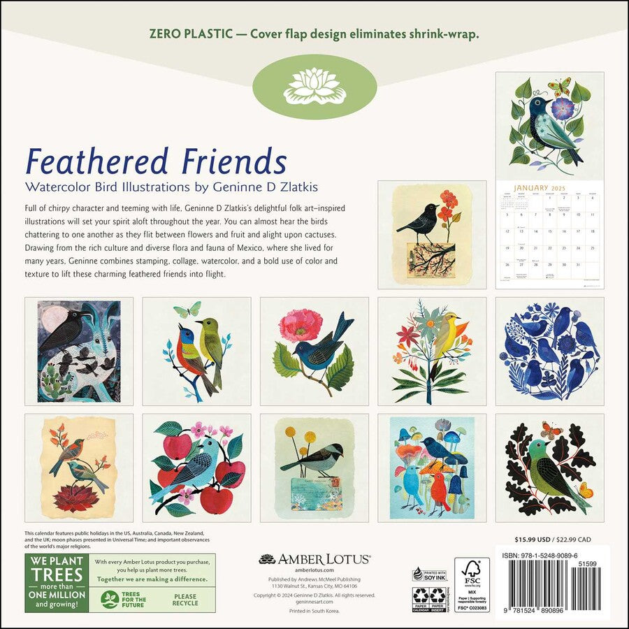 Feathered Friends by Genuine D Zlatkis 2025 Wall Calendar    