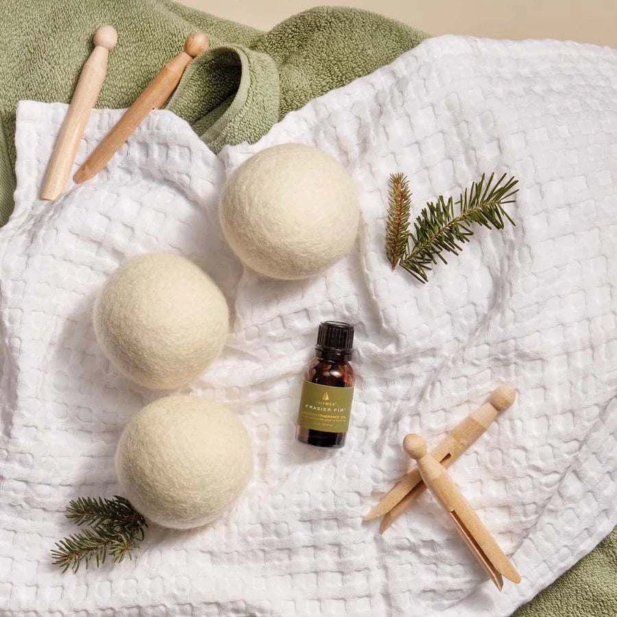 Thymes Frasier Fir Wool Dryer Balls & Laundry Fragrance Oil Set