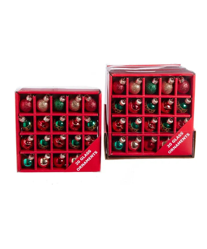 Miniature 25mm Red, Gold and Green Glass Ball Ornaments - Box Set of 20